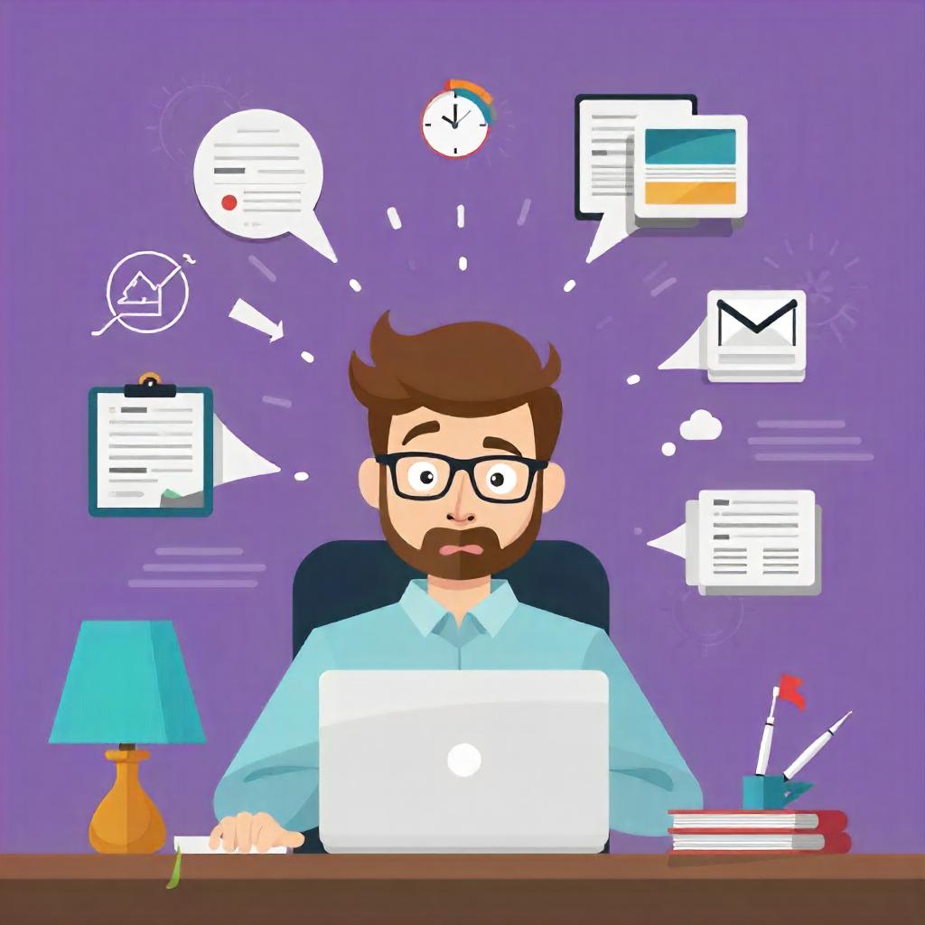 Illustration représentant un artisan dépassé par toutes les démarches, outils et processus devant son ordinateur